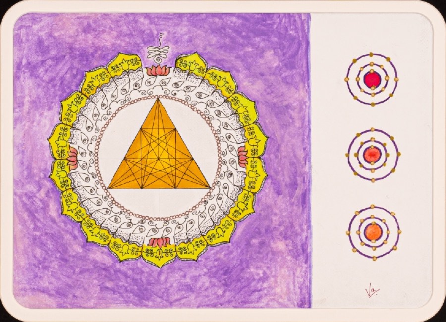 Eternal Flow, a gouache mandala painting by Varalakshmi Bharanidharan: on the left, a golden triangle crossed with fine lines sits inside rings of white and yellow lotus petals on a purple ground; on the right, on plain white, three atoms of Neon, Krypton and Xenon stand one below the other, each a glowing core circled by orbits of gold electrons
