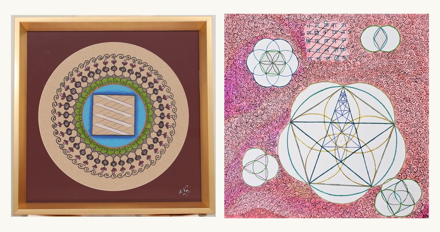 Two Namah Shivaya mandala paintings side by side: Panchakshari Awakening (left) and its pink sacred geometry derivation with a five-pointed star (right), by Varalakshmi Bharanidharan