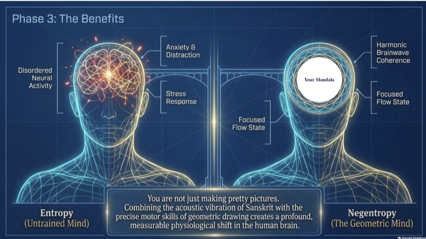 Entropy vs Negentropy — the untrained mind versus the geometric mind, showing the neurological benefits of combining Sanskrit chanting with mandala drawing