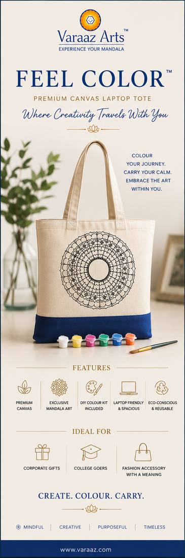 Feel Color — premium canvas laptop tote with DIY mandala colouring kit by Varaaz Arts