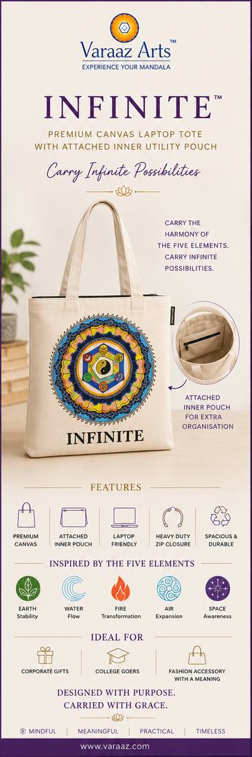 Infinite — premium canvas laptop tote with Five Elements mandala and inner utility pouch by Varaaz Arts