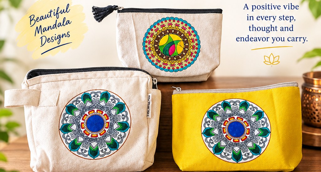 Mandala Pouches — hand-painted mandala canvas zipper pouches by Varaaz Arts, ideal as a mandala makeup pouch or cosmetic bag